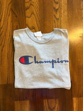 Champion Gray Tee with Navy Script and Red Crest